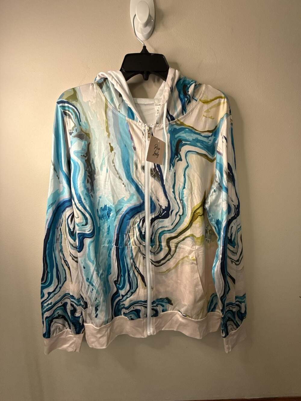 Pixie Lady Blue and White Marble Print Zip-Up Hoodie